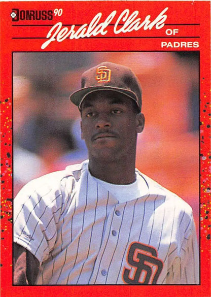 1990 Donruss Jerald Clark San Diego Padres baseball card in pinstripe uniform