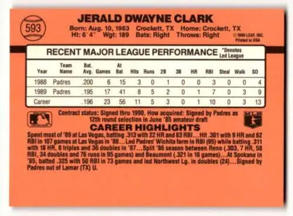 Baseball card back of 1990 Donruss #593 Jerald Clark San Diego Padres original gloss