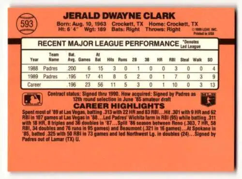 Jerald Clark San Diego baseball card featuring original gloss from 1990 Donruss