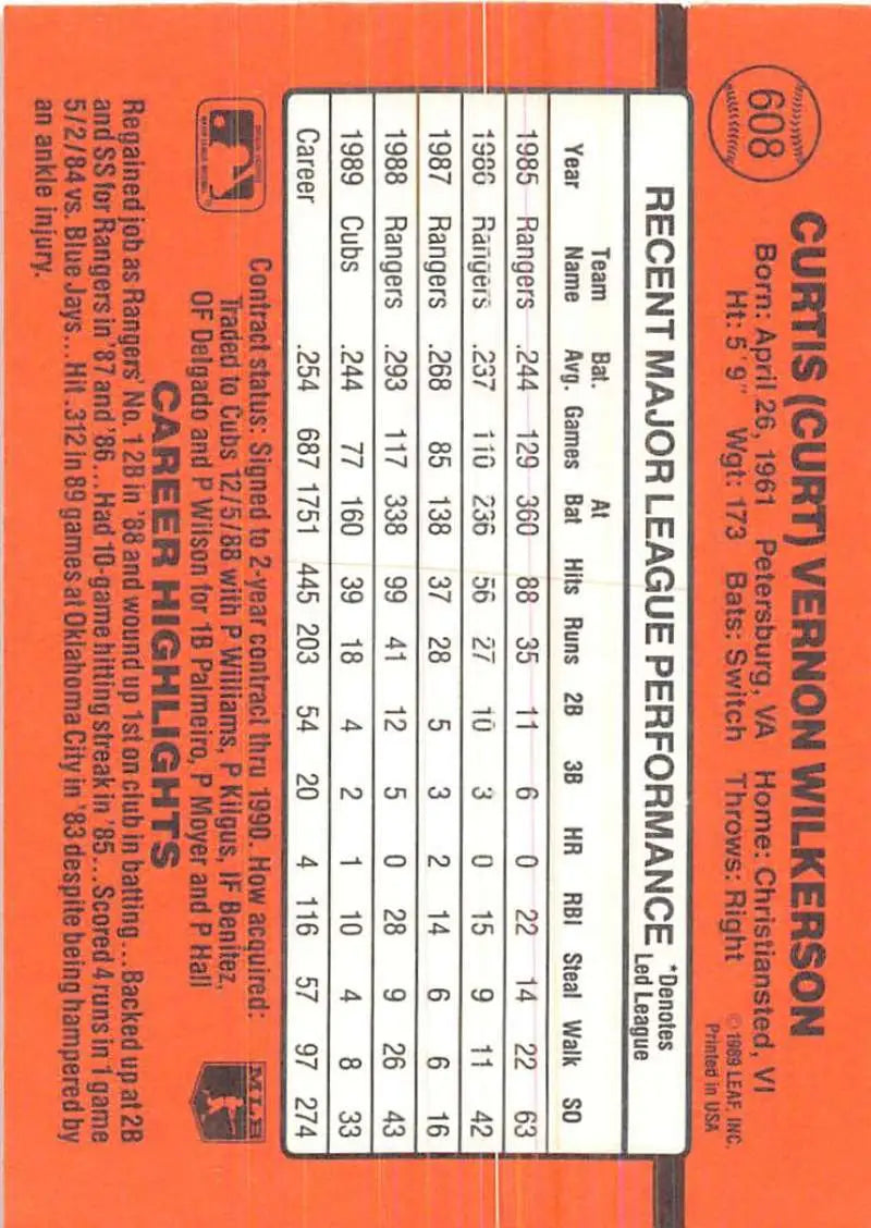 Orange baseball card featuring Curt Wilkerson stats for Chicago Cubs trading cards