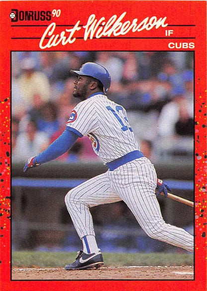 1990 Donruss #608 Curt Wilkerson Chicago Cubs baseball card in white pinstripes