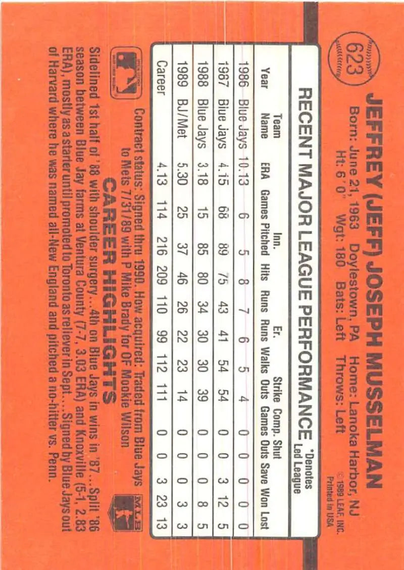 Baseball card back of 1990 Donruss Jeff Musselman with player stats in orange