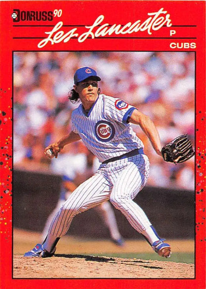 Red-bordered 1990 Donruss baseball card of Cubs pitcher Les Lancaster in pinstripes