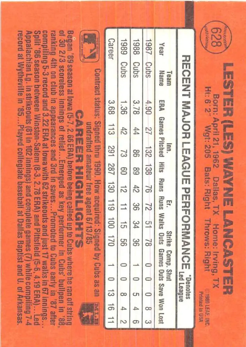 Orange 1990 Donruss #628 Les Lancaster DP baseball card stats for trading cards collectors