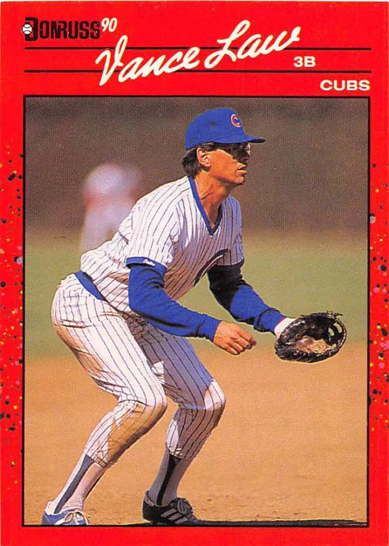 1990 Donruss Vance Law Chicago Cubs Baseball Card showing shortstop in pinstripe uniform