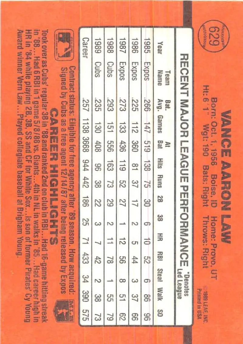 Orange 1990 Donruss #629 Vance Law baseball card showcasing player stats and performance