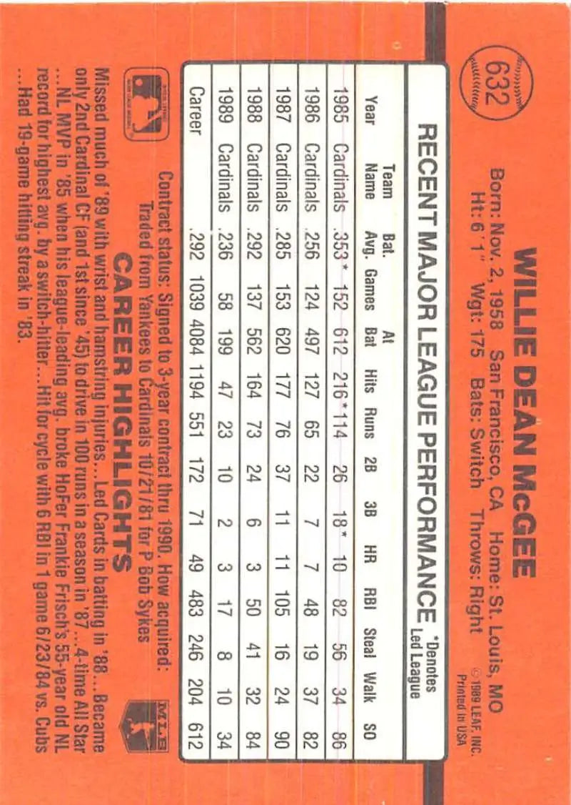 Orange baseball card featuring Willie McGee stats, a valuable addition to baseball cards