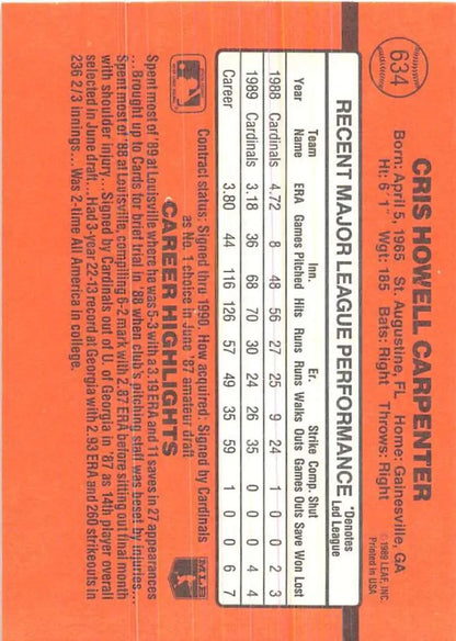 Orange 1990 Donruss Cris Carpenter baseball card with player stats and info