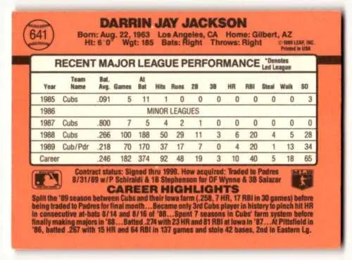 Baseball card back of 1990 Donruss Darrin Jackson San Diego Padres featuring original gloss