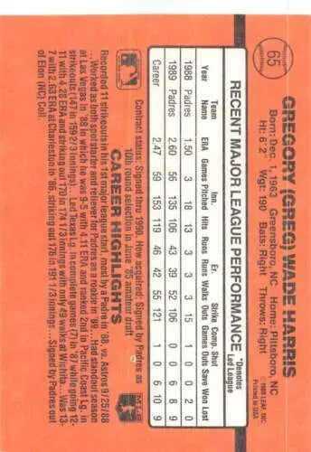 Back of 1990 Donruss #65 Greg Harris NM-MT Padres card showcasing original gloss