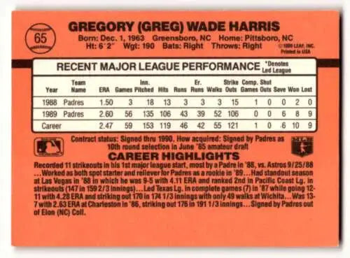 Back of 1990 Donruss #65 Greg Harris San Diego Padres Baseball Card with original gloss