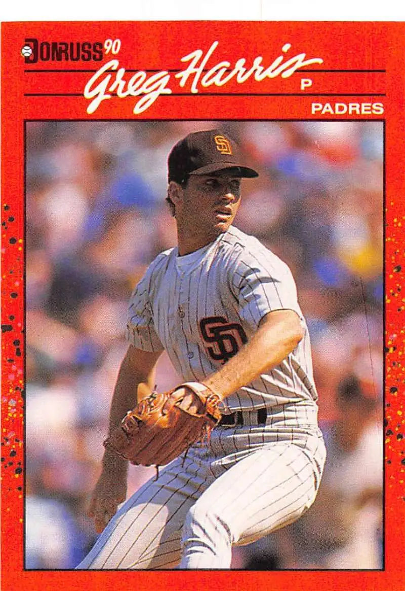 1990 Donruss Greg Harris Baseball Card of San Diego Padres Pitcher in Pinstripes