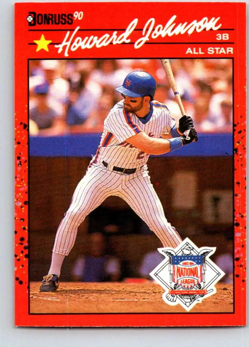 Red 1990 Donruss Baseball Card of Howard Johnson with New York Mets in pinstripes