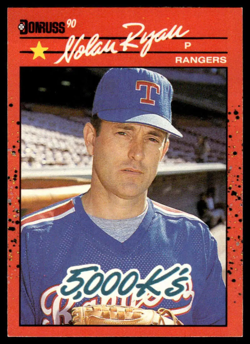 1990 Donruss baseball card of Nolan Ryan in Texas Rangers cap and uniform