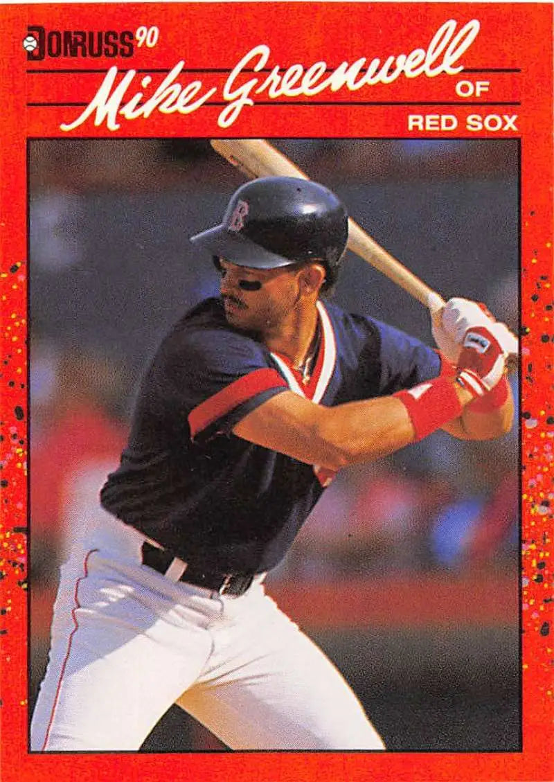 1990 Donruss baseball card featuring Mike Greenwell of the Boston Red Sox at bat