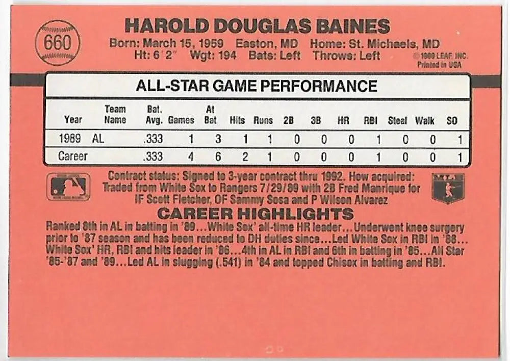 Baseball card featuring Harold Baines All-Star Game stats with Texas Rangers highlights