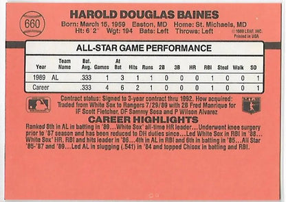 Baseball card featuring Harold Baines All-Star Game stats with Texas Rangers highlights