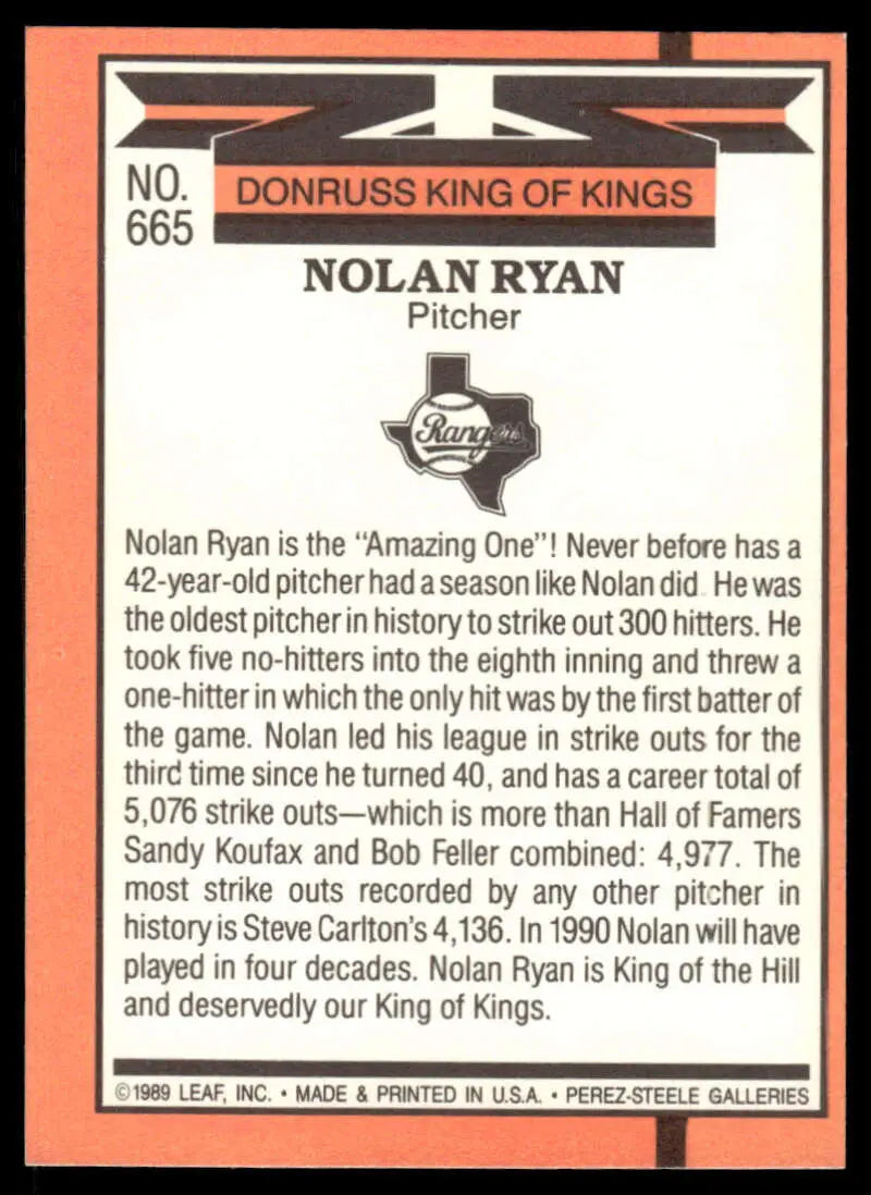 Nolan Ryan 1990 Donruss #665 Baseball Card Texas Rangers King of Kings Series