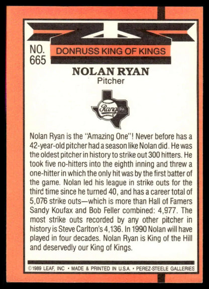 Nolan Ryan Texas Rangers Baseball Card from Donruss King of Kings series, showcasing a pitcher