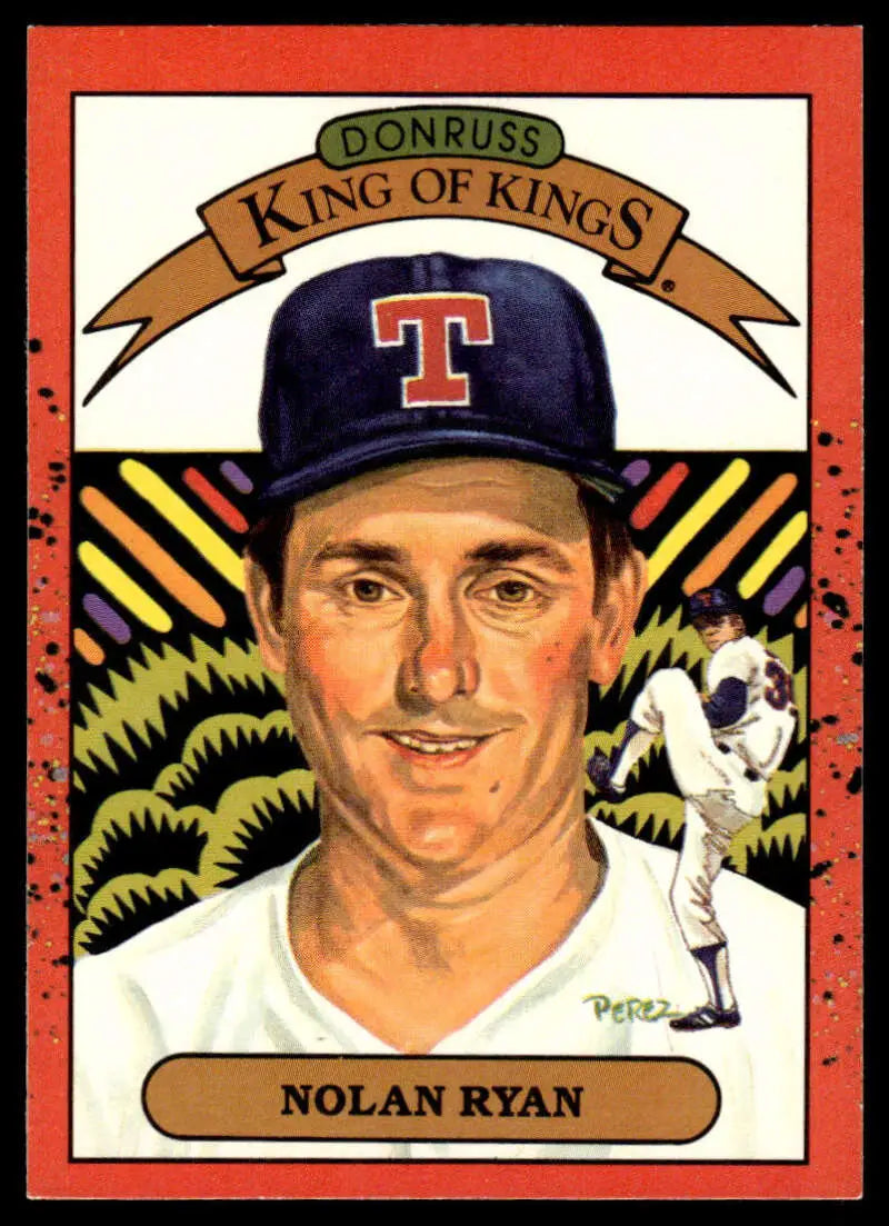 Nolan Ryan 1990 Donruss King of Kings Baseball Card Texas Rangers portrait and pitching pose