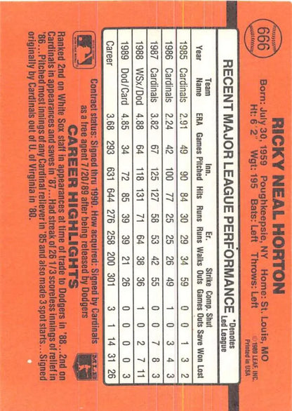 1990 Donruss Ricky Horton Baseball Card featuring player stats on orange background