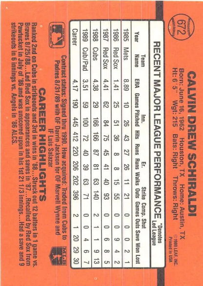 Orange 1990 Donruss baseball card of Calvin Schiraldi with player statistics