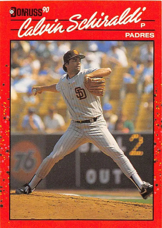 Red 1990 Donruss baseball card of Calvin Schiraldi pitching for San Diego Padres