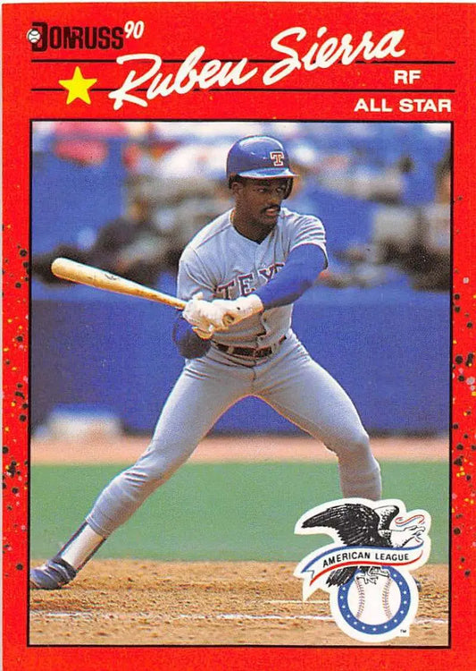 Red-bordered 1990 Donruss Baseball Card of Ruben Sierra, Texas Rangers player at bat