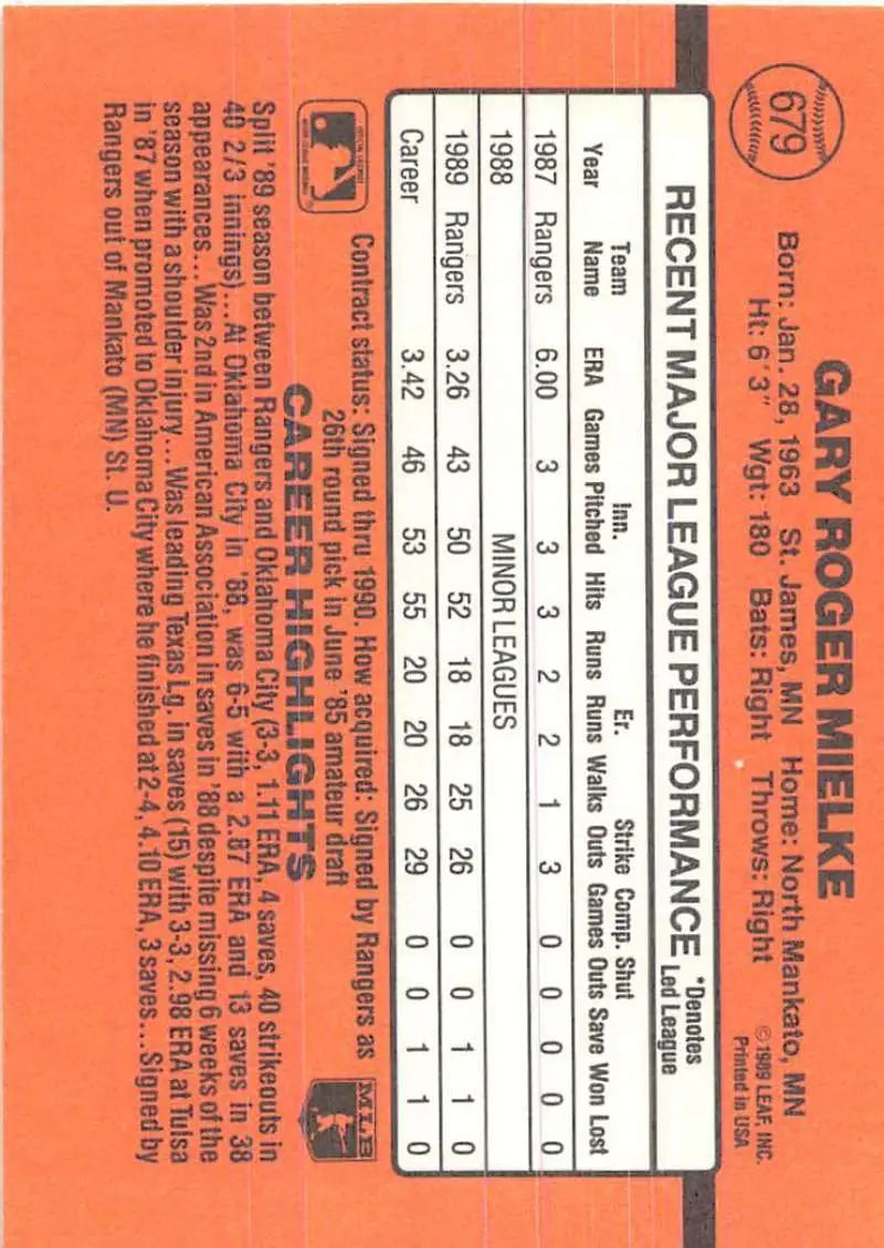 Orange baseball card featuring Gary Mielke, Texas Rangers Rookie statistics