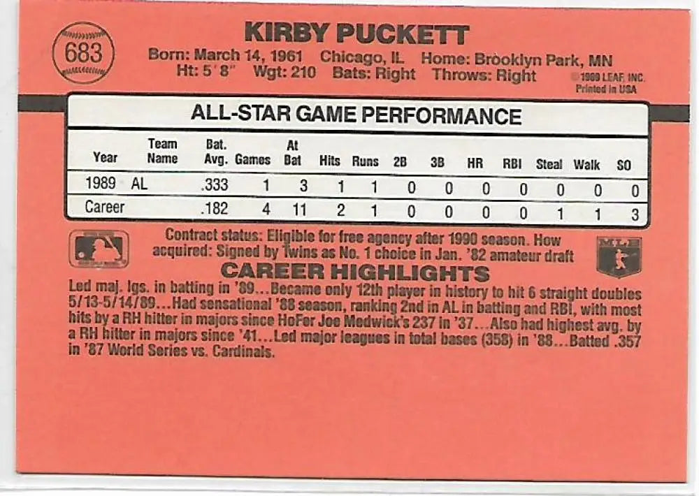 1990 Donruss #683b Kirby Puckett COR card showcasing career statistics and highlights