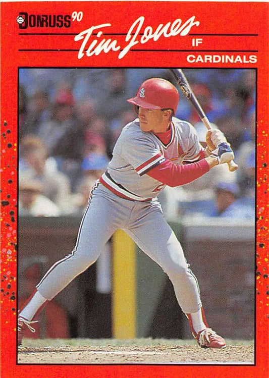 Red-bordered 1990 Donruss baseball card of Tim Jones from the St. Louis Cardinals