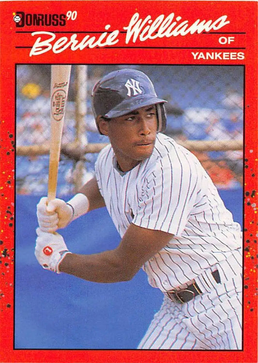 1990 Donruss Bernie Williams rookie card featuring New York Yankees player in pinstripes