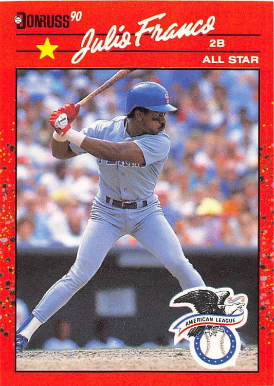 Red-bordered 1990 Donruss #701b Julio Franco Texas Rangers baseball card at bat