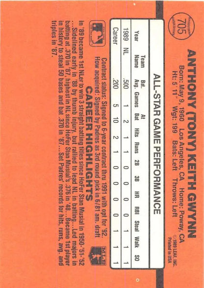 Orange baseball card back displaying Tony Gwynn stats for San Diego Padres