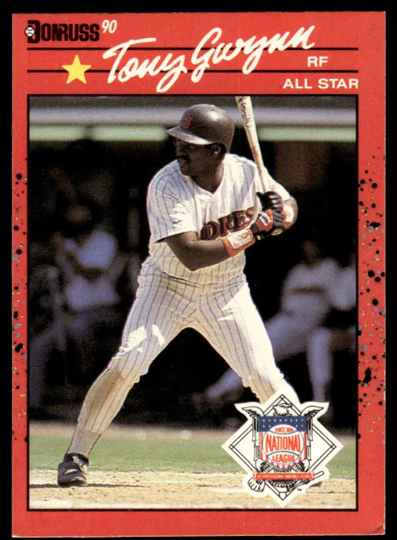 Tony Gwynn at bat in white pinstriped uniform for San Diego Padres baseball card