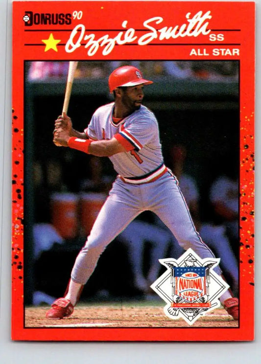 1990 Donruss Baseball Card of Ozzie Smith at bat for the St. Louis Cardinals