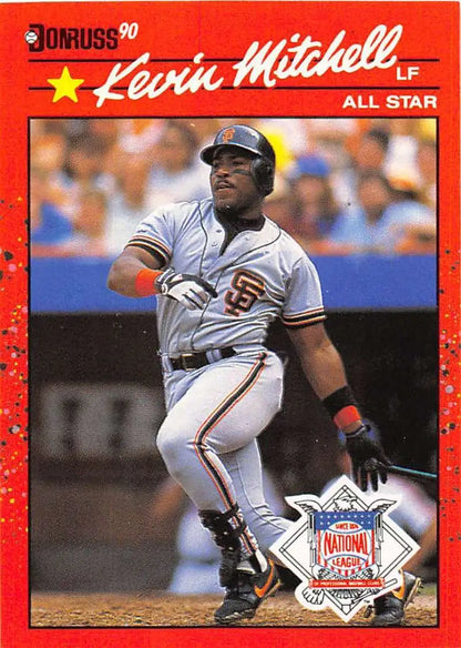 1990 Donruss baseball card of Kevin Mitchell, San Francisco Giants player at bat