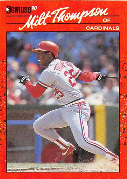 Red 1990 Donruss baseball card of Milt Thompson from the St. Louis Cardinals