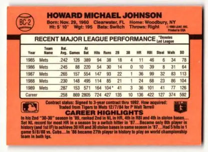 Howard Michael Johnson baseball card back from 1990 Donruss York Mets baseball cards