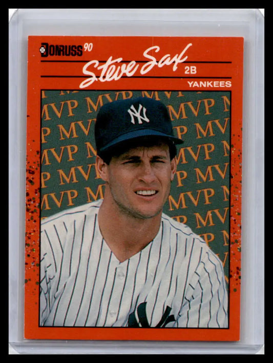 1989 Donruss Baseball Card of Steve Sax in New York Yankees pinstripes on MVP background