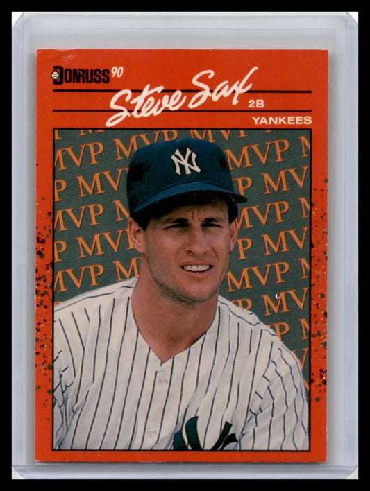 1990 Donruss baseball card of Steve Sax in New York Yankees pinstripes against MVP background