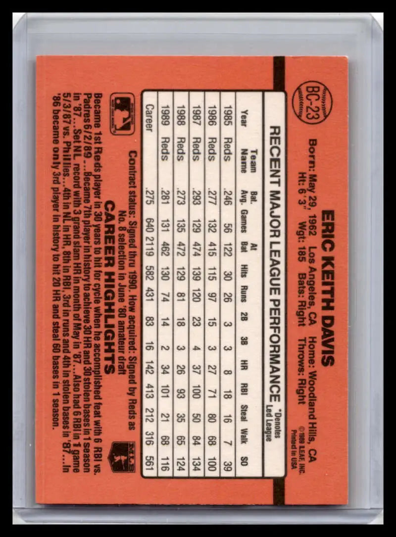 Orange 1990 Donruss BC-23 Eric Davis baseball card featuring Cincinnati Reds stats