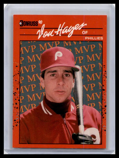 Vintage 1990 Donruss Baseball Card of Von Hayes, Philadelphia Phillies Player in Red Uniform