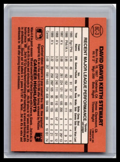 Orange baseball card featuring Dave Stewart statistics for Oakland Athletics