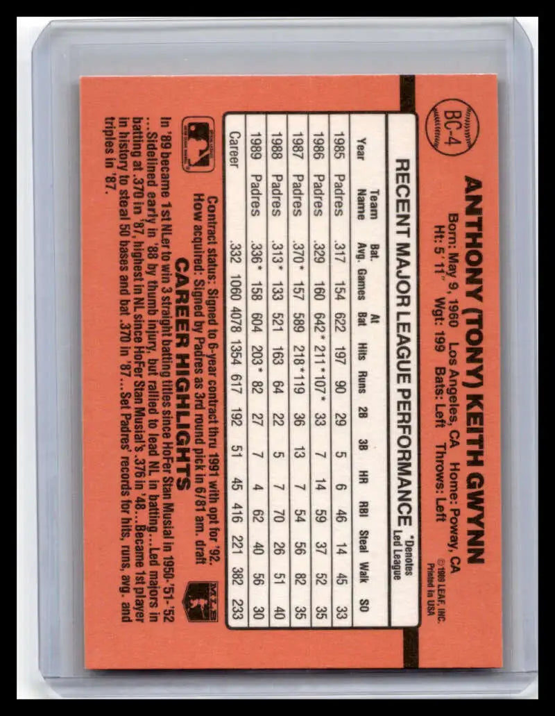 1990 Donruss Tony Gwynn baseball card with orange back and player statistics for San Diego Padres