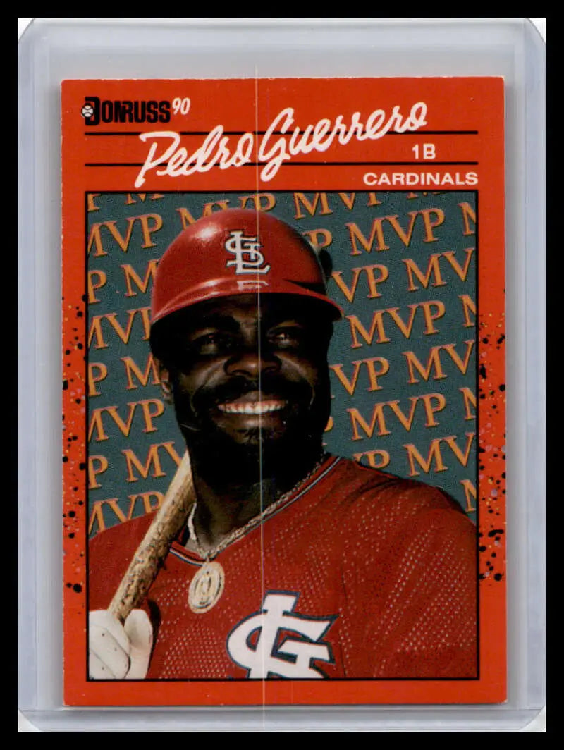 1990 Donruss Baseball Card of Pedro Guerrero with St. Louis Cardinals MVP background