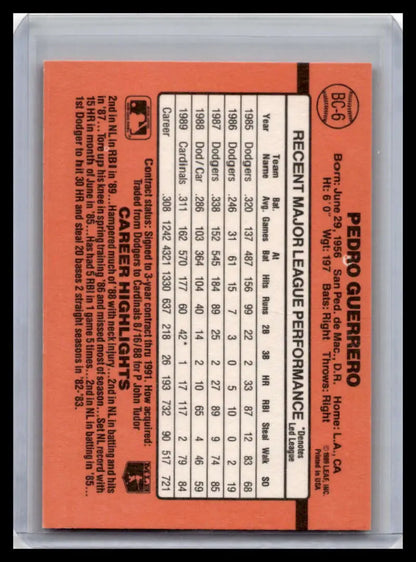 Orange baseball card featuring Pedro Guerrero stats for Louis Cardinals collectors