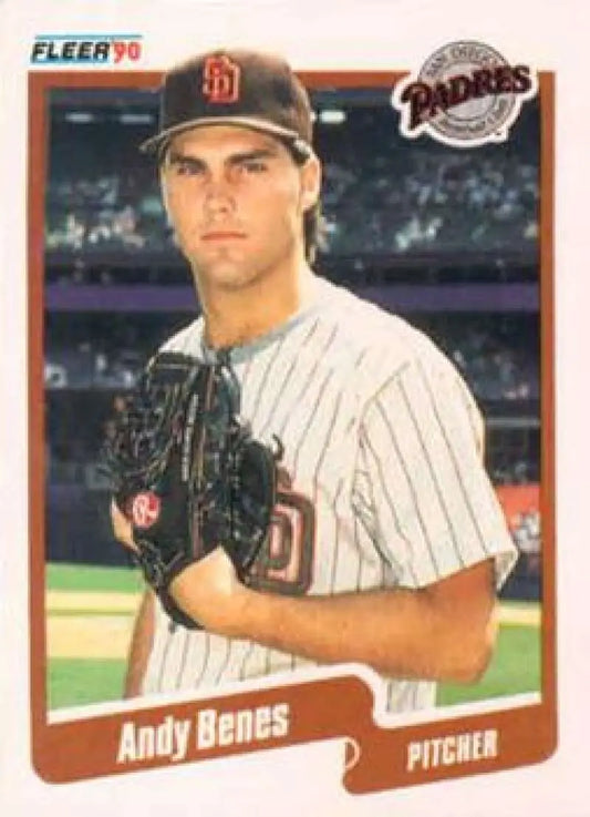 Baseball card of Andy Benes in pinstriped San Diego Padres uniform from 1990 Fleer