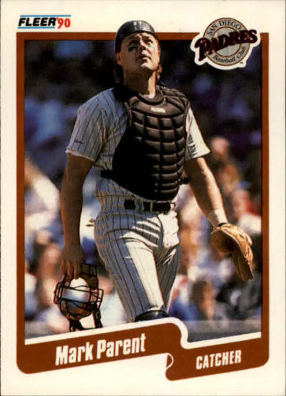 1990 Fleer Mark Parent baseball card of San Diego Padres catcher in pinstripe uniform