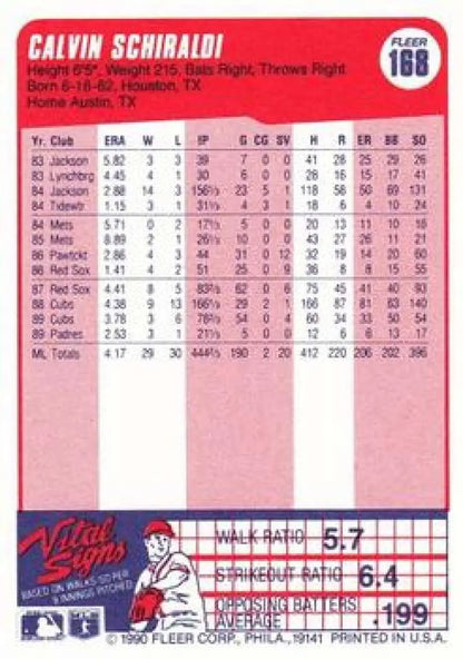 Baseball card featuring Calvin Schiraldi stats on a pink background for San Diego Padres